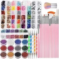 Refined Living Nageldesign Zubehör Nageldesign Zubehör Nail Art Dekoration Zubehör Set,Nagelpinsel Set, 38-tlg. Nagelpinsel Set,Maniküre-Werkzeuge, Nail Art Dekorationen & Nagelpinsel Set, Nail Art Pinsel, Dotted Pen, 12 Farben Glitzer für Nägel, Sch