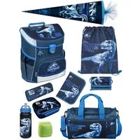 Scooli Schulranzen Campus Fit Jurassic World, T-Rex Dino, dunkelblau, ab 1. Klasse (Komplett-Set, 10-tlg., mit Lunch-Set, Sporttasche und Schultüte 85cm), kompakt, leicht, robust