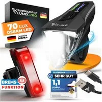 MIVELO Fahrradbeleuchtung LUMIX Fahrradlicht LED Set 70 LUX - Akku USB aufladbar wasserdicht, OSRAM LED