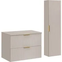 Lomadox Badmöbel-Set ADELAIDE-56-CASHMERE, (Spar-Set, 2-St., Waschtisch Hochschrank), 80cm Waschtisch, kaschmir mit gerillter Front