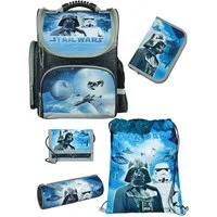 Familando Schulranzen Clou Star Wars Schultasche, Darth Vader, blau, ab 1. Klasse (Grundset, 5-tlg., mit Federmappe, Schlamper, Turn- & Geldbeutel), kompakt, mit 2-Wege-Reißverschluss