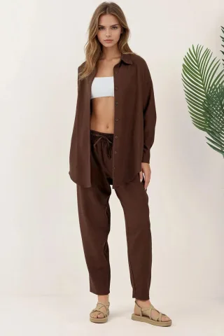 Leinenmischung Langarmshirt und Hosen Set