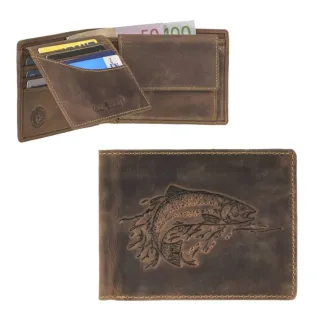Herren-Geldbörse mit Fisch-Prägung aus Leder in antikbraun im Querformat | Greenburry. Optimale Aufteilung für Ihren perfekt organisierten Alltag.
