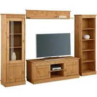OTTO home Wohnwand Indra, (Set, 4-St), 4-teiliges Set: Vitrine, Lowboard, Wand- & Standregal, Kiefer massiv