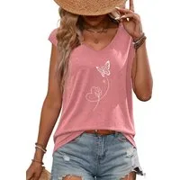 PYLIKE V-Shirt Damen Elegant Achselhemd mit Schmetterling Druck bequemes Tanktop Bequem für Freizeit und Büro,Strandurlaub