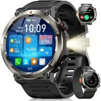 blackview Militärische Smartwatch für Herren mit 960mAh(30 Tage),Telefonfunktion Smartwatch (1.45 Zoll, iOS/Android), 2-tlg., 3 x Riemen / 2 x Riemen und Ladekabel, Sprachassistent,LED-Taschenlampe,Kompass,150+ Sportmodi,Schritten,IP68