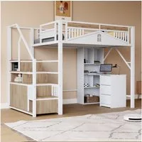 Merax Hochbett (Jugendbett Einzelbett Stockbett, 1-St) Metallbett Kinderbett 140x200cm mit Stauraumtreppe Schutzzaun Fenster