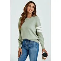 FS Collection Strickpullover Damen Pullover aus Wollmischung mit Streifenmuster, Relaxed Fit (UK 8/ EU 36/ US 4, 3 Farben : Olivegrün, Schwarz und Navy) 56 % Viskose, 26 % Polyester, 18 % Wolle