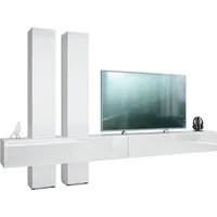 Vladon Wohnwand Moja, (Anbauwand, mit Rückwand mit 4 Türen und 2 Klappen), Weiß / Weiß matt (330 x 204 x 39 cm)