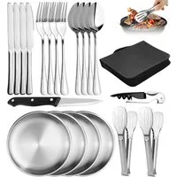 AKKEE Besteck-Set Camping Besteck Set Picknick-Set Outdoor Campinggeschirr Set, 4 Personen, Edelstahl