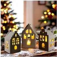 Spetebo Dekofigur LED Porzellan Haus 11 cm inklusive Batterie 3er Set (Set, 1 St., 1), Batterie betrieben