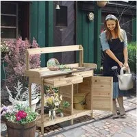 Outsunny Pflanztisch mit verzinkter Arbeitsplatte (Arbeitsplatte, 1-St., Gärtnertisch), für Garten, Balkon, Naturholz