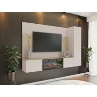 MIRJAN24 Wohnwand Deromi VI mit Kamin, (3er-Set, TV-Lowboard mit Wandpaneel, Hängeschrank), Push to open, Realistische LED-Flamme, Heizfunktion