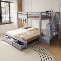 Flieks Etagenbett Oberbett 90x200cm Unterbett 90/180x190cm, Kinderbett mit Stauraumtreppe Schubladen Ausziehbett 90x190cm