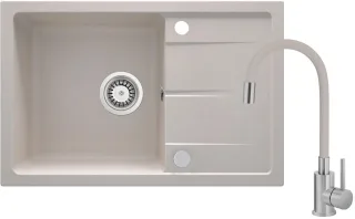 Neuesbad Set: Granitspüle NB1DEZRD51131+Küchenarmatur mit Flex-Auslauf Edelstahl-+Zubehör, Beige NB1DEZRDG51131