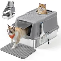 FEANDREA Katzentoilette Edelstahl, XL, mit Deckel, 2 Eingängen, für Katzen bis 15 kg