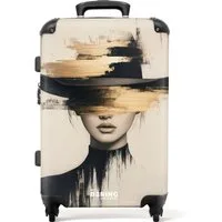 NoBoringSuitcases.com© Hartschalen-Trolley mit leuchtende Räder - Frau mit schwarzem Hut auf cremefarbenem Hinter, 4 Rollen, Hartschalenkoffer Mittel Groß für 20kg, Frauen Reisekoffer Trolley