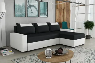 Ecksofa Schlafsofa Sofa HEDVIG LUX Kunstleder/Stoff Weiß- Schwarz Ottomane Re...