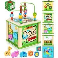 POPOLIC Motorikwürfel Motorikspielzeug ab 1 Jahr - Aktivitätswürfel, (Motorikschleife Kinderspielzeug Sortierspiel Holzspielzeug Lernspielzeug, 1-tlg), Montessori Baby Spielzeug für 2 3 4 Jahre Kinder