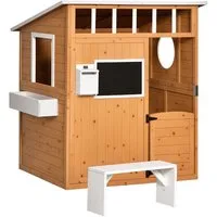 Outsunny Spielhaus für Kinder Holz mit Fenster Briefkasten Blumentopfrack, für 3-8 Jahre Tannenholz Gelb 122 x 108 x 135,5 cm