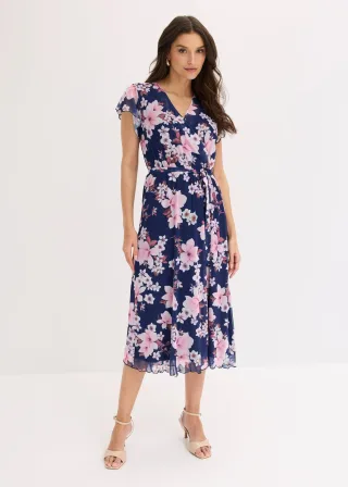 bonprix Midikleid aus Mesh, blau, Gr.48/50 (XL), Modernes Kleid mit Bindegürtel