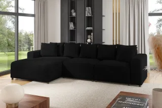 Ecksofa Designersofa Sofa MEGAN in Stoff Poso Schwarz Ottomane Links