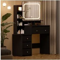 Lexzurn Schminktisch Schminktisch mit LED-Beleuchtung, Kosmetiktisch mit Spiegel, 4 Schubladen+6 offene Fächer, Helligkeit verstellbar, 92.6x132x36 cm
