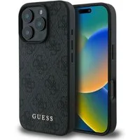 Guess Handyhülle iPhone 16 Pro Kunstleder grau Muster Logo goldfarbig 6,3 Zoll, Kantenschutz