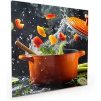 Primedeco Küchenrückwand Spritzschutz, Herdblende aus Glas - Motiv Kochtopf mit Gemüse