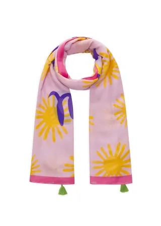Feiner Schal aus Modalmischung mit Sonnen-Motiven und o sole mio-Schriftzug lila