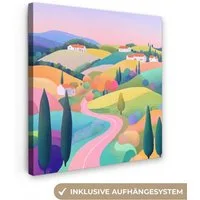 OneMillionCanvasses® Leinwandbild Landschaft - Lila - Pastell - Häuser, Fotodruck (1 St), Wandbild, Deko Schlafzimmer Wohnzimmer Flur 20x20 cm