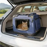 belviona Tiertransporttasche für Katzen, faltbar mit Mesh-Fenstern, 60x42x44 cm, marineblau bis 12 kg, leichte & stabile Katzentransportbox mit Innenkissen & Taschen