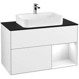 Villeroy und Boch Finion Waschtischunterschrank F372GFGF 100cm, Abdeckplatte black matt, Regal rechts Glossy white lacquer, Glossy white lacquer