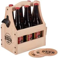 relaxdays Flaschenkorb Bierträger aus Holz mit Flaschenöffner
