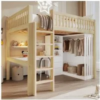 Flieks Hochbett Holzbett 140x200cm mit Schreibtisch Kleiderschrank Schubladeschrank