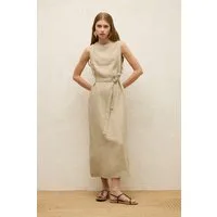 MANUKA Midikleid Ärmelloses Leinen Kleid Beige Weich