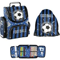 PASO Schulranzen (Set, 3-Tlg), Schulranzen 3D Motiv & Turnbeutel & Federmappe - Fußball blau