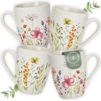 matches21 HOME & HOBBY Tasse Kaffeetassen Blumen Dekor, 4er Set Kaffeetasse Weiß, 4-tlg., Porzellan, Frühstückstasse 275 ml mit Floralem Design