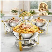 Warmounts Speisenwärmer 7,5 L Chafing Dish Speisenwärmer Set, (4-tlg., 8QT Rund, Edelstahl mit Deckelhalter und Glasdeckel), Buffet Warmhalter-Set für Catering,Partys,Abendessen