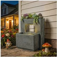 Outsunny Gartenbrunnen mit LED Beleuchtung, Pflanzkübel, Pumpe, Steinoptik, 45 cm Breite, Wasserbecken BxT: 31.5x31.5 cm, (Springbrunnen, 1 tlg., Zimmerbrunnen), für Garten Rasen 45 x 31,5 x 58,5 cm