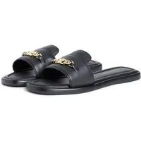 Tommy Hilfiger LEATHER HORSEBIT MULE Pantolette Sommerschuh, Schlupfschuh mit goldfarbener Zierkette