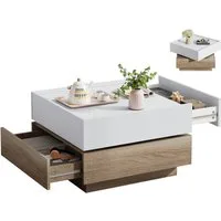 SeedWave Couchtisch Sofatisch, 360° Drehbare Ober-Tischplatte, 2 Grifflosen Schubladen, Erhöhte Seitenböden rund um Arbeitsplatte, Ohne Füße zum Stabilität