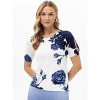 Passioni T-Shirt mit Rosenprint und Glitzersteinen Strickshirt in Weiß mit blauen Blumen