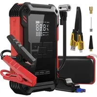 Forrlite Auto Starthilfe Powerbank 4000A 12V Starthilfegerät, 4-in-1 Autobatterie-Ladegerät (10000mAh Starthilfegerät mit 150PSI Kompressor & Smart-Klemmen, Starthilfe Powerbank Benzin bis 9,0L & Diesel bis 6,5L mit USB & DC, 12 Schutzmaßnahmen, Notf