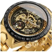 Rötting Design Automatikuhr Herrenuhr Armbanduhr Edelstahl schwarz goldfarbenes Ziffernblatt, Skelett Ziffernblatt