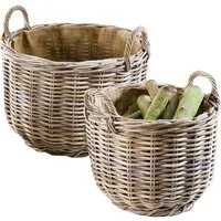 Kobolo Kaminholzkorb Rattankorb rund mit Leinenstoff 2er Set (grau braun), aus Rattan