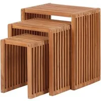 MR.DEKO Beistelltisch Teak 3er Set Holztisch natur 45x32x50cm ineinanderschiebbares Tischset (3-teiliges Beistelltisch Set aus Massivholz, 3-St), Beistelltische naturbelassen, wetterfest & stabil