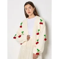 Apricot Cardigan Grobe Strickjacke mit Kirschmuster und Häkelverzierung