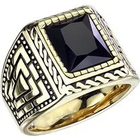 Taffstyle Fingerring Massiver Herren Edelstahl Ring vergoldet XXL schwarzer Kristall (Vergoldeter Statement Ring mit großem Stein für Herren im Rocker Biker Stil), Männer Siegelring Massiv, Breit, Schwer - Geschenkidee