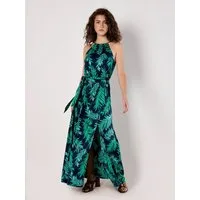 Apricot Maxikleid Blätterdruck Kleid mit Bindegürtel